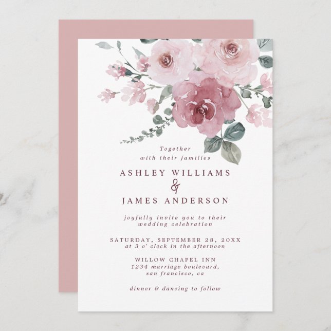 Pastel Rose Floral Wedding Invitation (Front/Back)