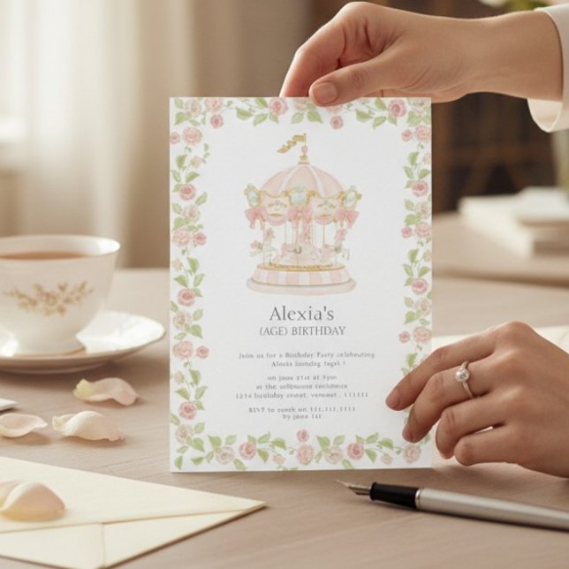 Pastel Rose Garden Carousel Birthday Party Invitation (Creator Uploaded)