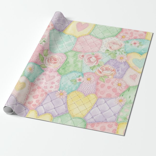 Pastel Rose Garden Pattern Wrapping Paper (Unrolled)