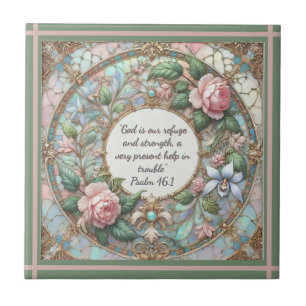 Pastel Rose Garden Rose Lined Frame Green Back Ceramic Tile