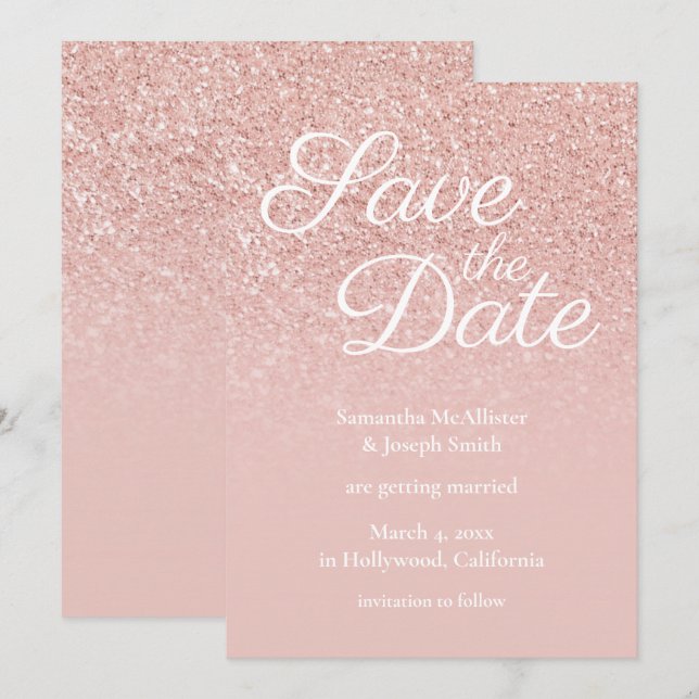 Pastel Rose Gold Blush Ombre Glitter Save the Date Invitation (Front/Back)