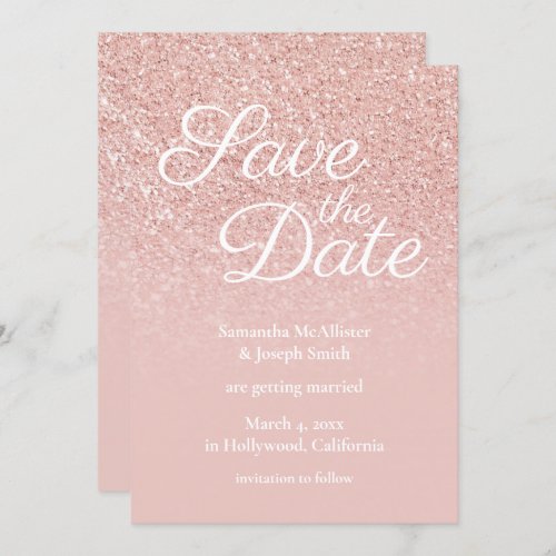 Pastel Rose Gold Blush Ombre Glitter Save the Date Invitation