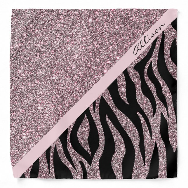 Pastel Rose Gold Glitter Zebra Animal Print Name Bandana (Front)
