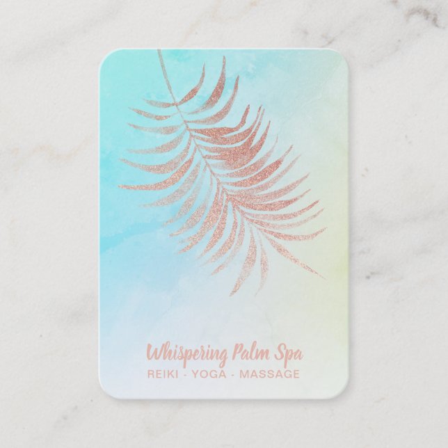 *~*  Pastel Rose Gold Palm Leaf Ombre Turquoise Business Card (Front)