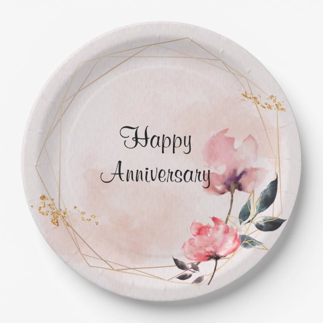 Pastel Rose Happy Anniversary Paper Plates (Front)