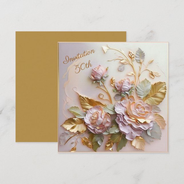 Pastel Rosegold Roses  50th Invitation (Front/Back)
