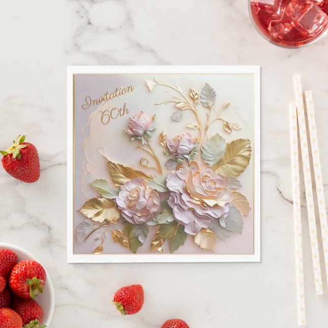 Pastel Rosegold Roses  60th Invitation Napkins (Insitu)