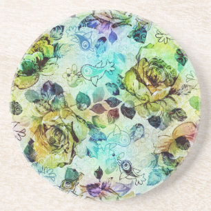 Pastel Roses & Birds Design Sandstone Coaster