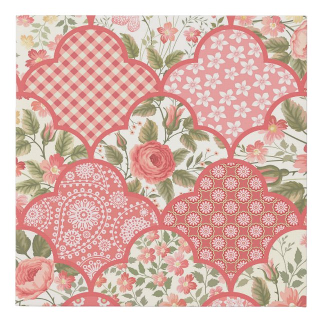 Pastel Roses Floral Patchwork Pattern Faux Canvas Print (Front)