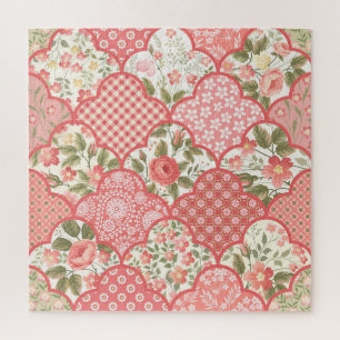 Pastel Roses Floral Patchwork Pattern Jigsaw Puzzle