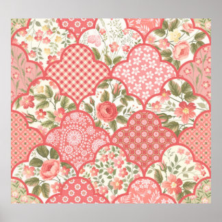 Pastel Roses Floral Patchwork Pattern Poster