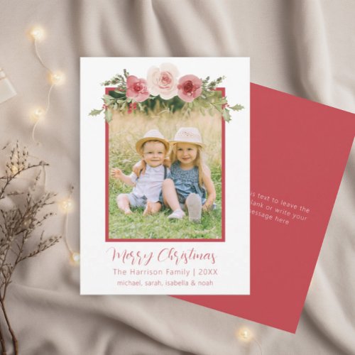 Pastel Roses & Holly Family Photo Christmas Card