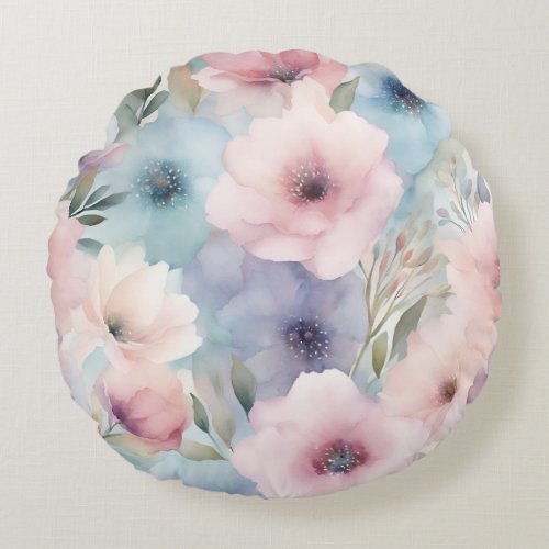 Pastel Roses Pink Purple Blue Round Pillow