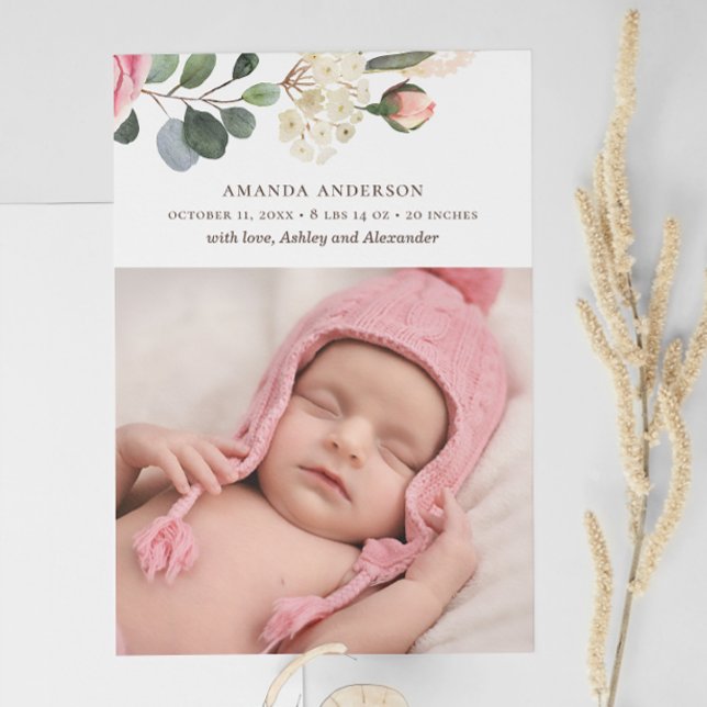 Pastel roses. Watercolor garden floral birth Announcement (Creator Uploaded)