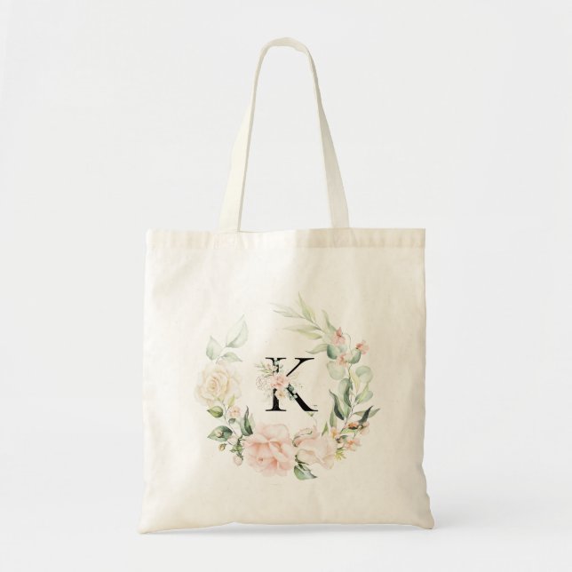 Pastel roses wreath custom floral monogram tote bag (Front)