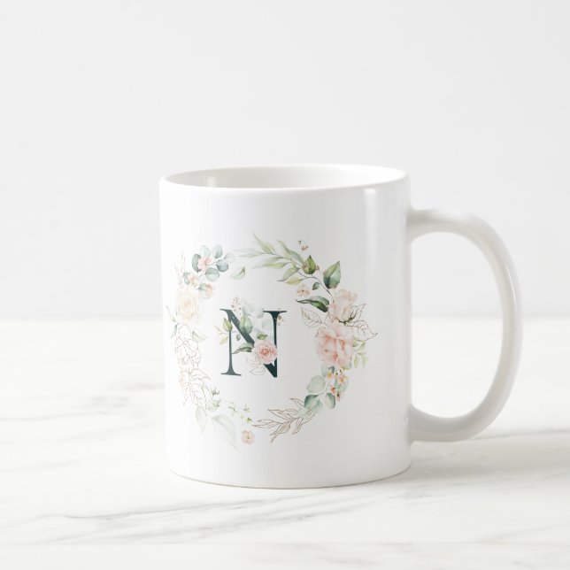 Pastel roses wreath floral monogram letter N Coffee Mug (Right)