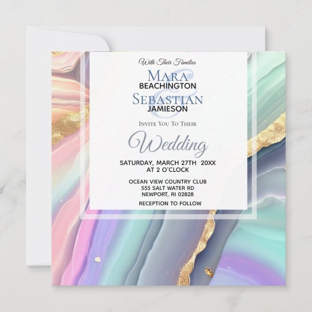 *~*  PASTEL RSVP QR AGATE AR66 Gold Wedding Invitation (Front)