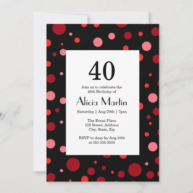 Pastel Ruby Cranberry Polka Dot Black 40 Birthday Invitation (Front)