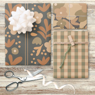 Pastel Rust Peach Floral Country Cottage Plaid Wrapping Paper Sheets