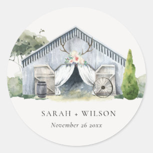 Pastel Rustic Dusky Barnyard Farm Theme Wedding Classic Round Sticker