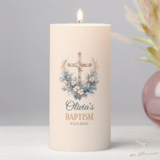 Pastel Rusty Pink Floral Cross Catholic Baptism Pillar Candle