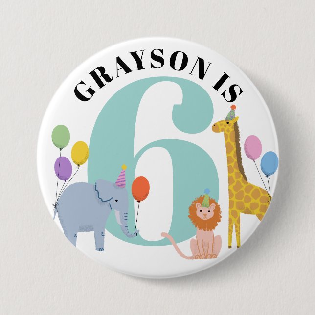Pastel Safari Animals Birthday Name and Age Button (Front)