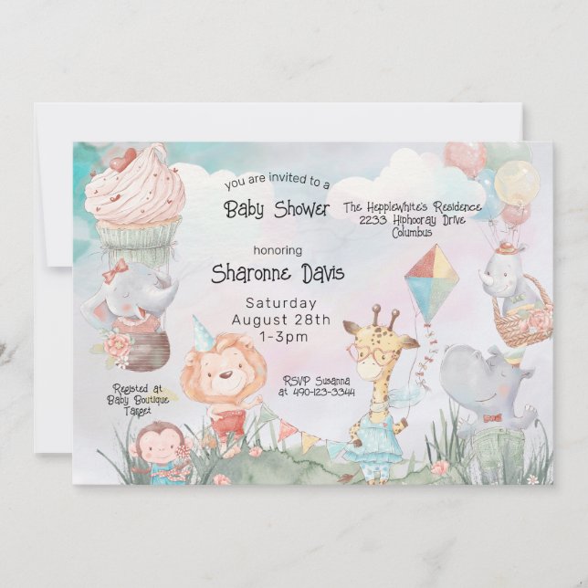 Pastel Safari Animals Personalized Baby Shower Invitation (Front)