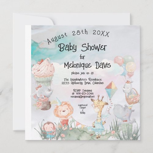 Pastel Safari Animals Personalized Baby Shower Invitation