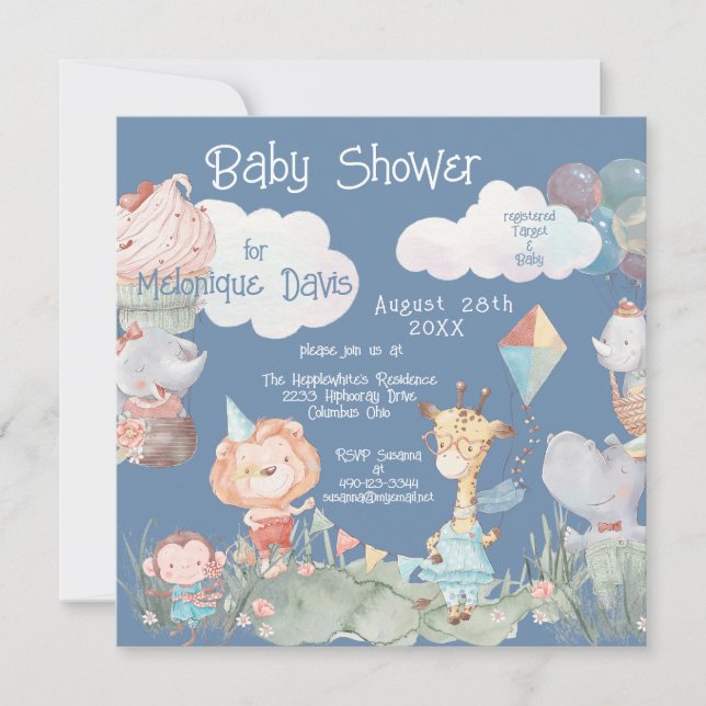Pastel Safari Animals Personalized Baby Shower Invitation (Front)