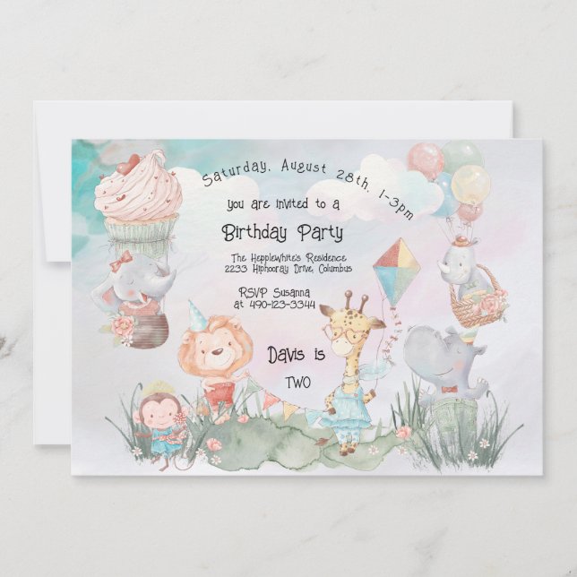Pastel Safari Animals Personalized Birthday Party Invitation (Front)