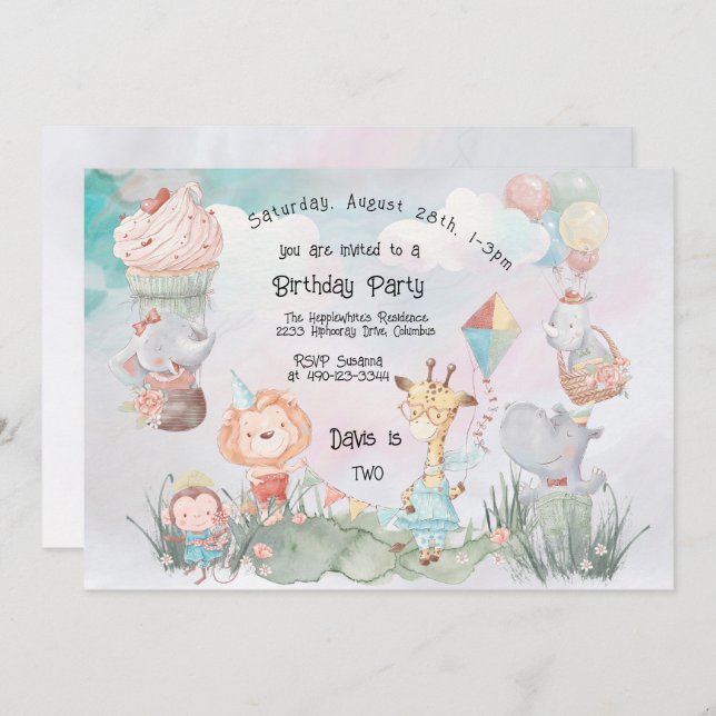 Pastel Safari Animals Personalized Birthday Party Invitation | Zazzle