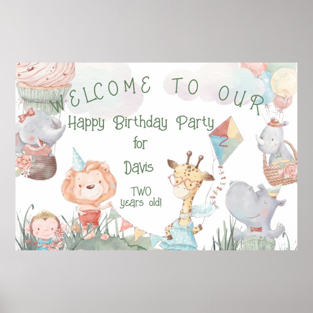 Pastel Safari Animals Personalized Birthday Party  Poster (Front)