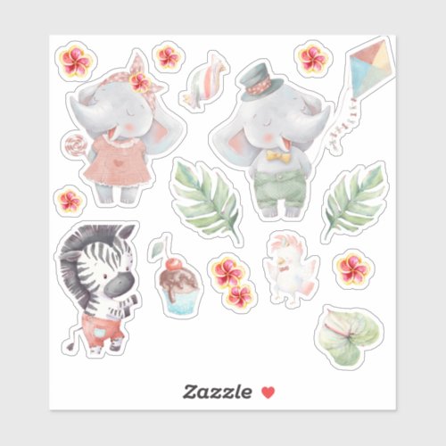 Pastel Safari Animals Tropical Party Sticker