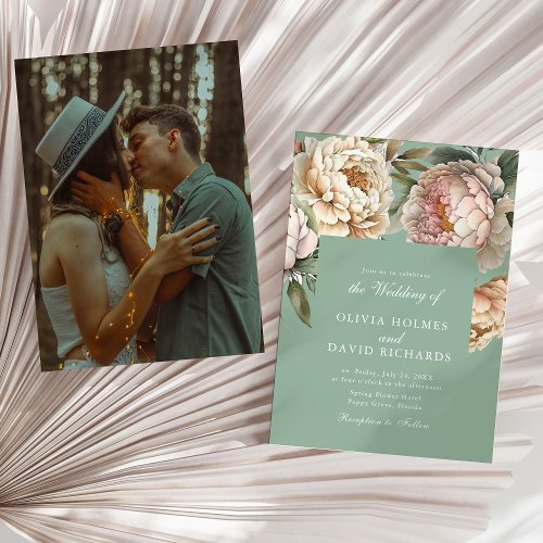 Pastel Sage  Blush Peony Couple Photo Wedding  Invitation