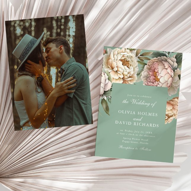 Pastel Sage & Blush Peony Couple Photo Wedding  Invitation (Pastel Sage & Blush Peony Couple Photo Wedding Invitationon a sunny neutral dry palm leaf.)