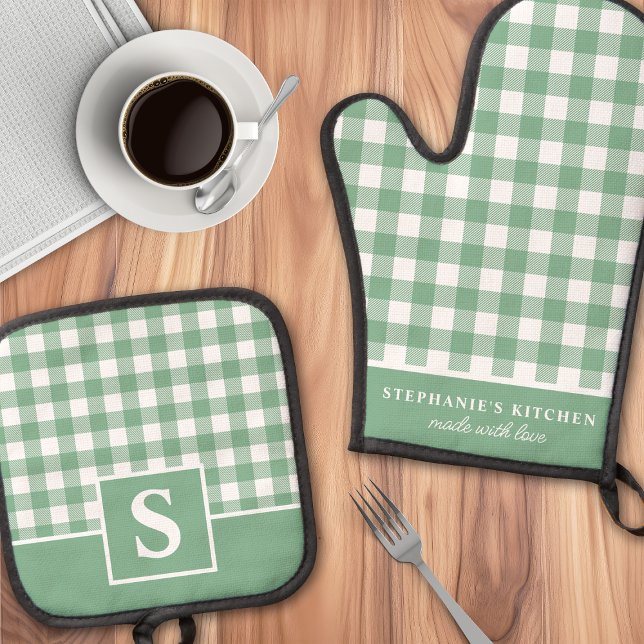 Pastel Sage Gingham Plaid Checkered Monogrammed Oven Mitt & Pot Holder Set (Creator Uploaded)