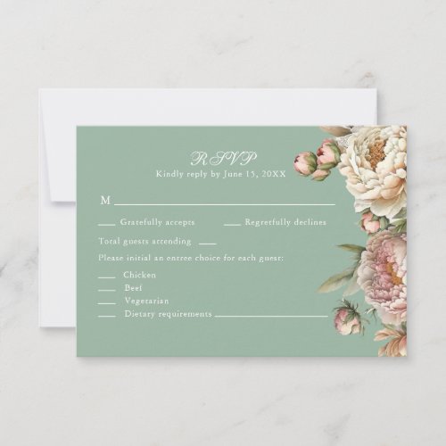 Pastel Sage Green and Blush Pink Peonies RSVP Card