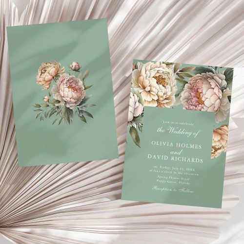 Pastel Sage Green and Blush Pink Peony Wedding Invitation