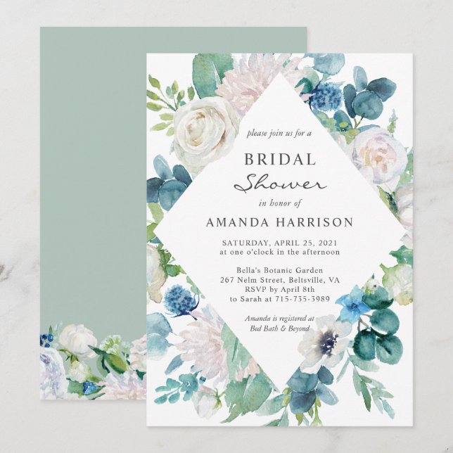 Pastel Sage Green Blue White Floral Bridal Shower Invitation (Front/Back)