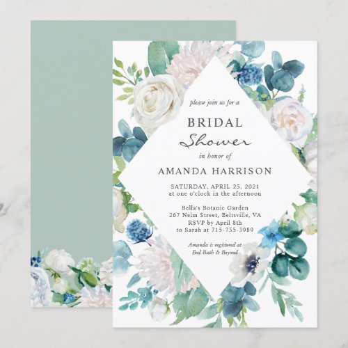 Pastel Sage Green Blue White Floral Bridal Shower Invitation