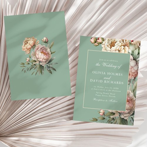 Pastel Sage Green Blush Peony Wedding Invitation