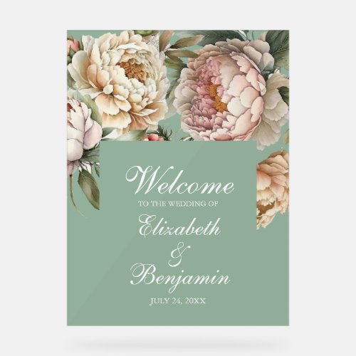 Pastel Sage Green Blush Pink Peony Wedding Welcome Acrylic Sign