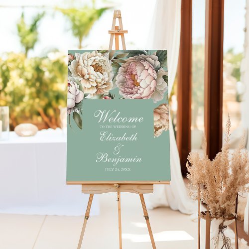 Pastel Sage Green Blush Pink Peony Wedding Welcome Foam Board