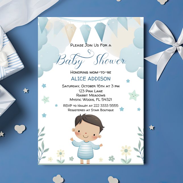 Pastel Sage Green Cute Boy with Stars& Flowers  Invitation (Creator Uploaded)
