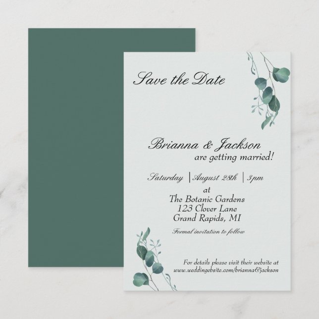 Pastel Sage Green Eucalyptus Wedding Save The Date (Front/Back)