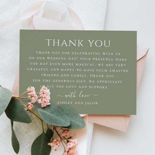 Pastel Sage green minimalist typography wedding Thank You Card