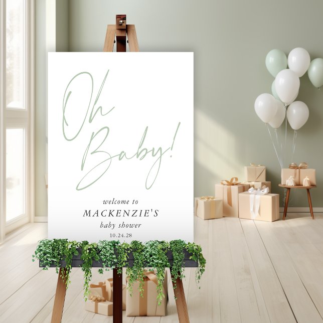 Pastel Sage Green Oh Baby Baby Shower Welcome Foam Board (Pastel Green | Light Sage Green "Oh Baby" Baby Shower Welcome Sign)