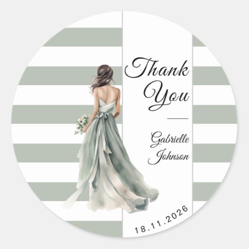 Pastel Sage Green Stripes Bride Bridal Shower  Classic Round Sticker