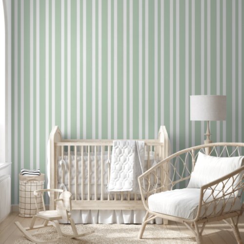Pastel Sage Green White Stripes Pattern Wallpaper