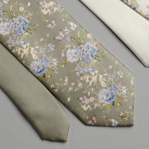 Pastel sage green wildflower spring garden flowers neck tie